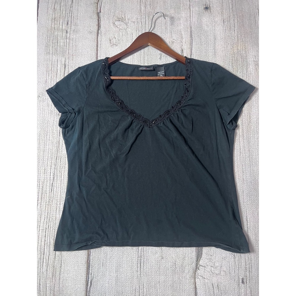 New York Company Black Beaded V Neck Short Sleeve T Shirt Top Womens XL Cotton